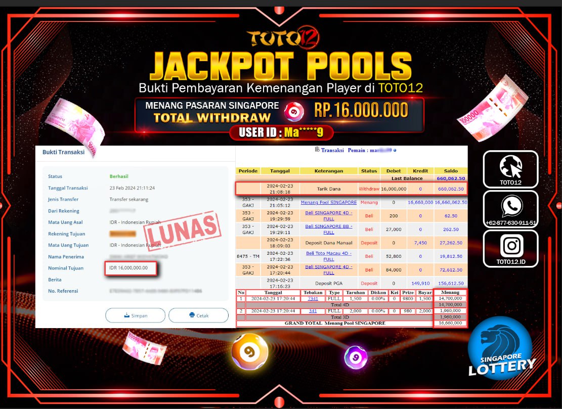 HANYA DI TOTO12 JP PASTI DI BAYAR LUNAS DAN CEPAT!!!!!! JACKPOT POOLS MENANG TOGEL PASARAN { SINGAPORE } Rp.16.000.000 !!!!!