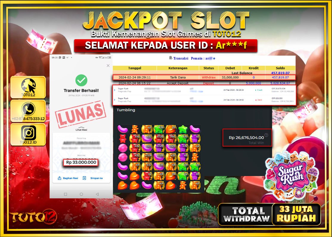 HANYA DI TOTO12 JP PASTI DI BAYAR LUNAS DAN CEPAT!!!!!! JACKPOT SLOT GAME { SUGAR RUSH } Rp.33.000.000 !!!!!