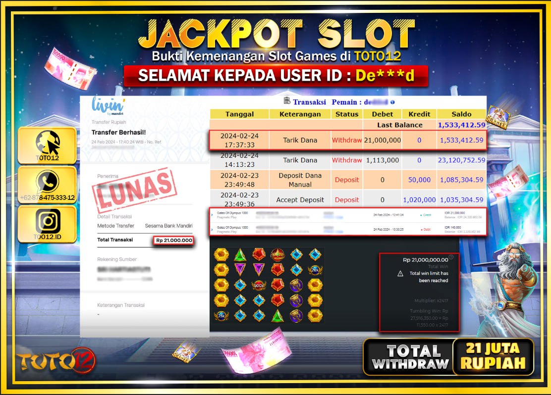 HANYA DI TOTO12 JP PASTI DI BAYAR LUNAS DAN CEPAT!!!!!! JACKPOT SLOT GAME { GATES OF OLYMPUS 1000 } Rp.21.000.000 !!!!!