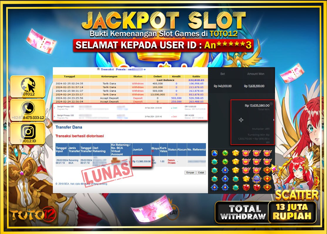 HANYA DI TOTO12 JP PASTI DI BAYAR LUNAS DAN CEPAT!!!!!! JACKPOT SLOT GAME { STARLIGHT PRINCES 1000 } Rp.13.000.000 !!!!!