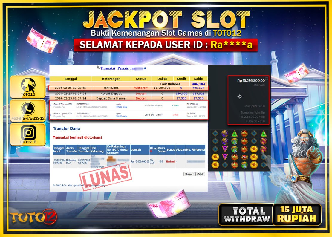 HANYA DI TOTO12 JP PASTI DI BAYAR LUNAS DAN CEPAT!!!!!! JACKPOT SLOT GAME { GATES OF OLYMPUS 1000 } Rp.15.000.000 !!!!!