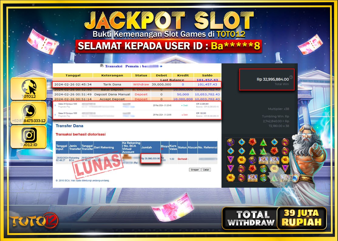 HANYA DI TOTO12 JP PASTI DI BAYAR LUNAS DAN CEPAT!!!!!! JACKPOT SLOT GAME { GATES OF OLYMPUS 1000 } Rp.39.000.000 !!!!!