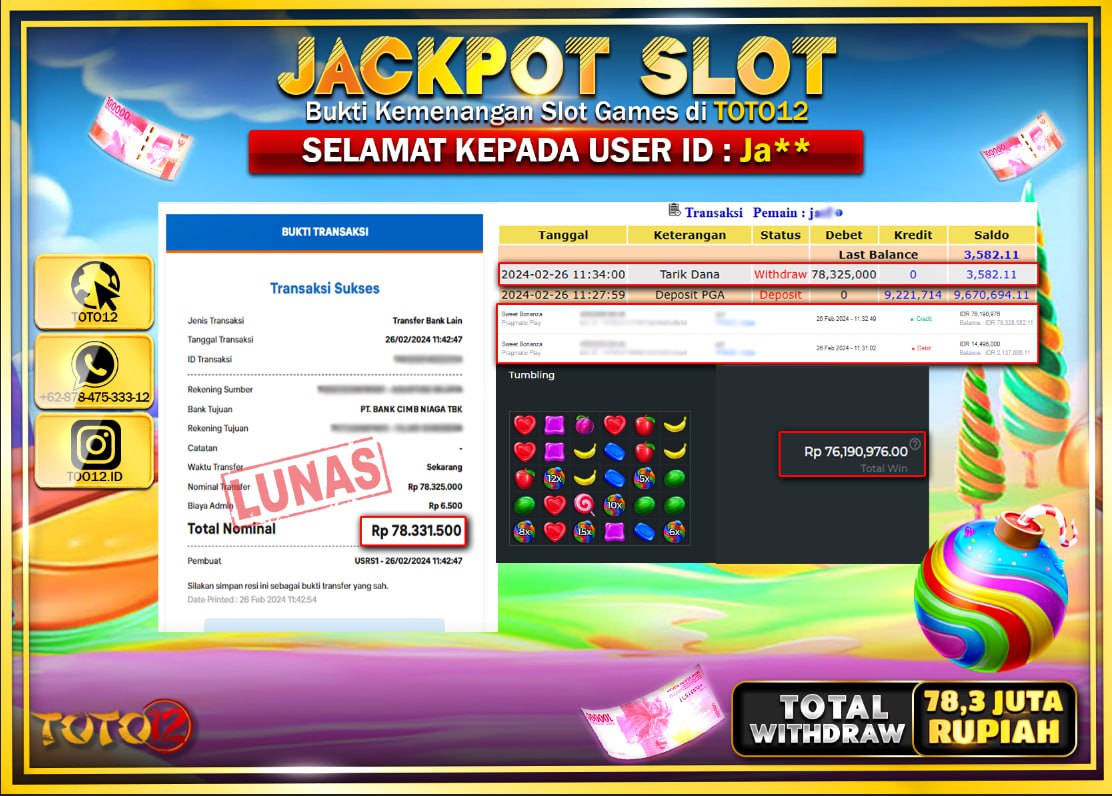 HANYA DI TOTO12 JP PASTI DI BAYAR LUNAS DAN CEPAT!!!!!! JACKPOT SLOT GAME { SWEET BONANZA } Rp.78.300.000 !!!!!