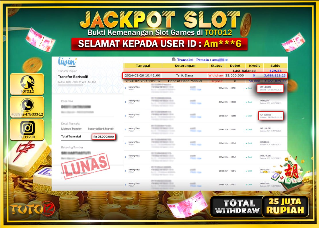 HANYA DI TOTO12 JP PASTI DI BAYAR LUNAS DAN CEPAT!!!!!! JACKPOT SLOT GAME { MAHJONG WAYS 2 } Rp.25.000.000 !!!!!