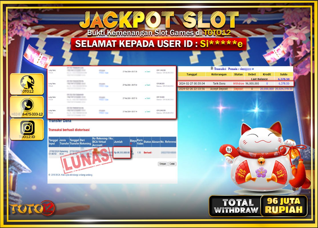 HANYA DI TOTO12 JP PASTI DI BAYAR LUNAS DAN CEPAT!!!!!! JACKPOT SLOT GAME { LUCKY NEKO  } Rp.96.000.000 !!!!!