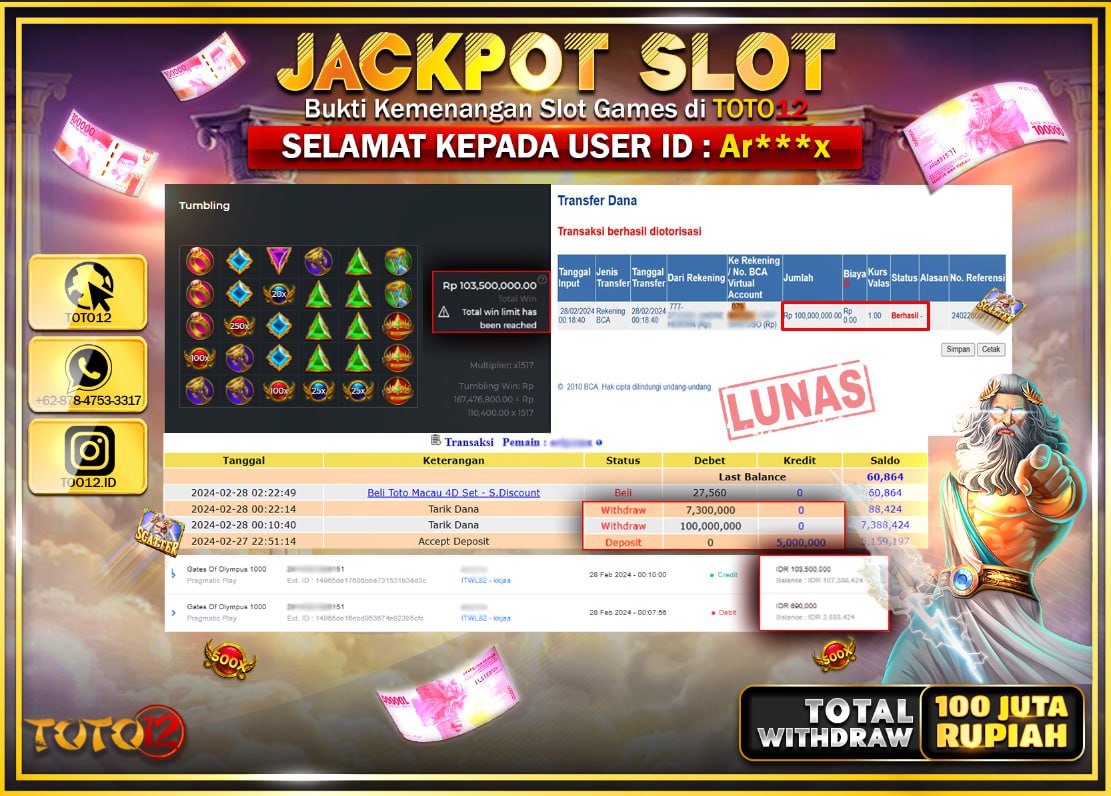 HANYA DI TOTO12 JP PASTI DI BAYAR LUNAS DAN CEPAT!!!!!! JACKPOT SLOT GAME { GATES OF OLYMPUS 1000 } Rp.100.000.000 !!!!!