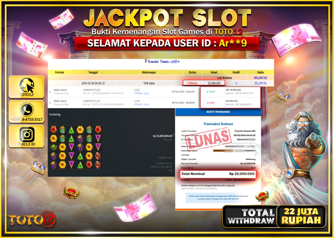 HANYA DI TOTO12 JP PASTI DI BAYAR LUNAS DAN CEPAT!!!!!! JACKPOT SLOT GAME { 5000X MANIA } Rp.22.000.000 !!!!!