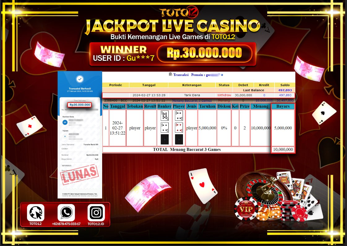 HANYA DI TOTO12 JP PASTI DI BAYAR LUNAS DAN CEPAT!!!!!! JACKPOT LIVE CASINO GAME { BACCARAT 3 GAMES } Rp.30.000.000 !!!!!