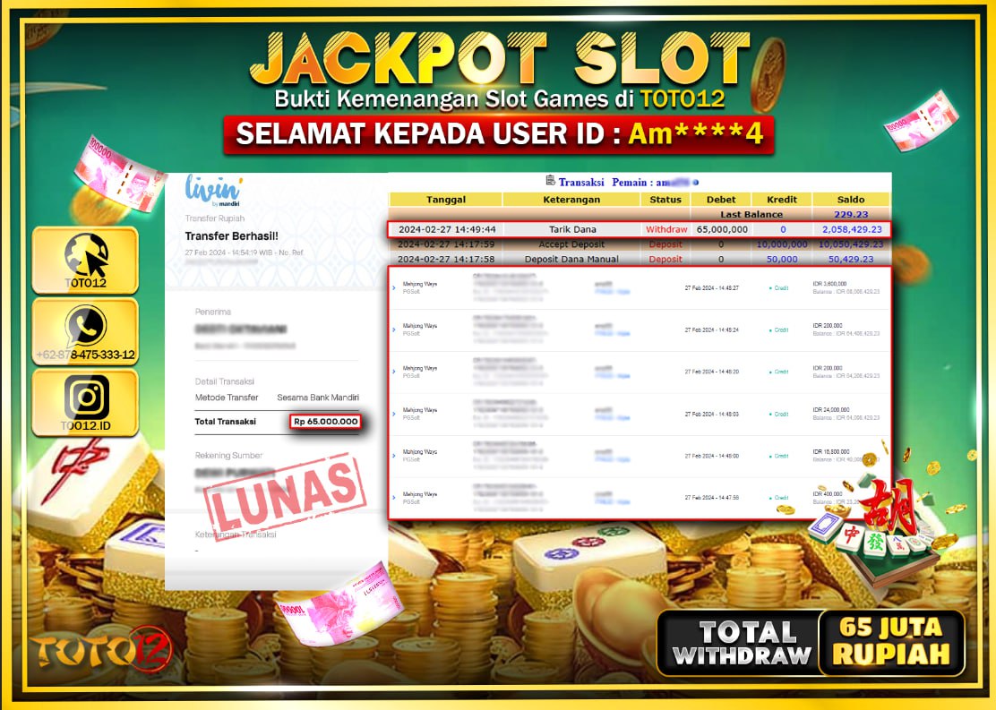 HANYA DI TOTO12 JP PASTI DI BAYAR LUNAS DAN CEPAT!!!!!! JACKPOT SLOT GAME { MAHJONG WAYS } Rp.65.000.000 !!!!!