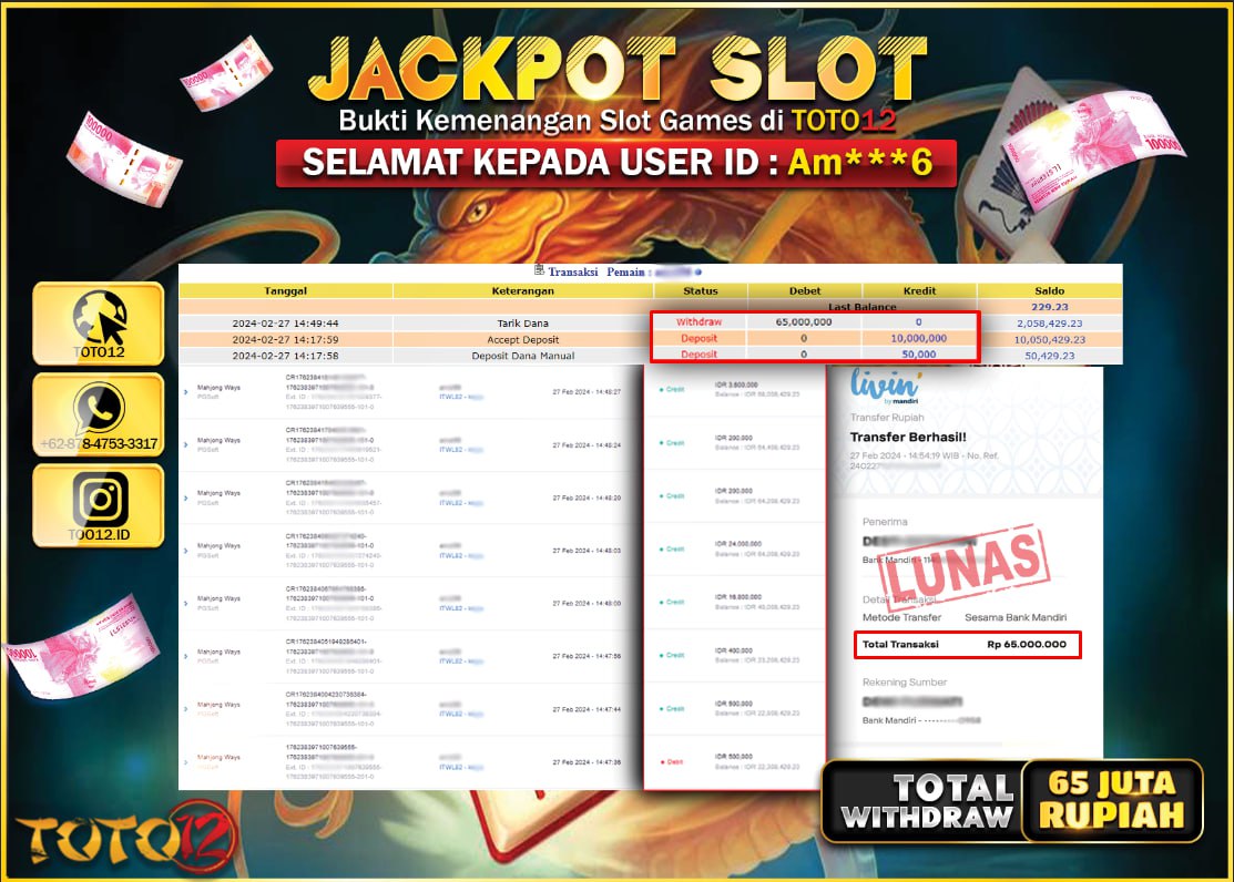 HANYA DI TOTO12 JP PASTI DI BAYAR LUNAS DAN CEPAT!!!!!! JACKPOT SLOT GAME { MAHJONG WAYS } Rp.65.000.000 !!!!!