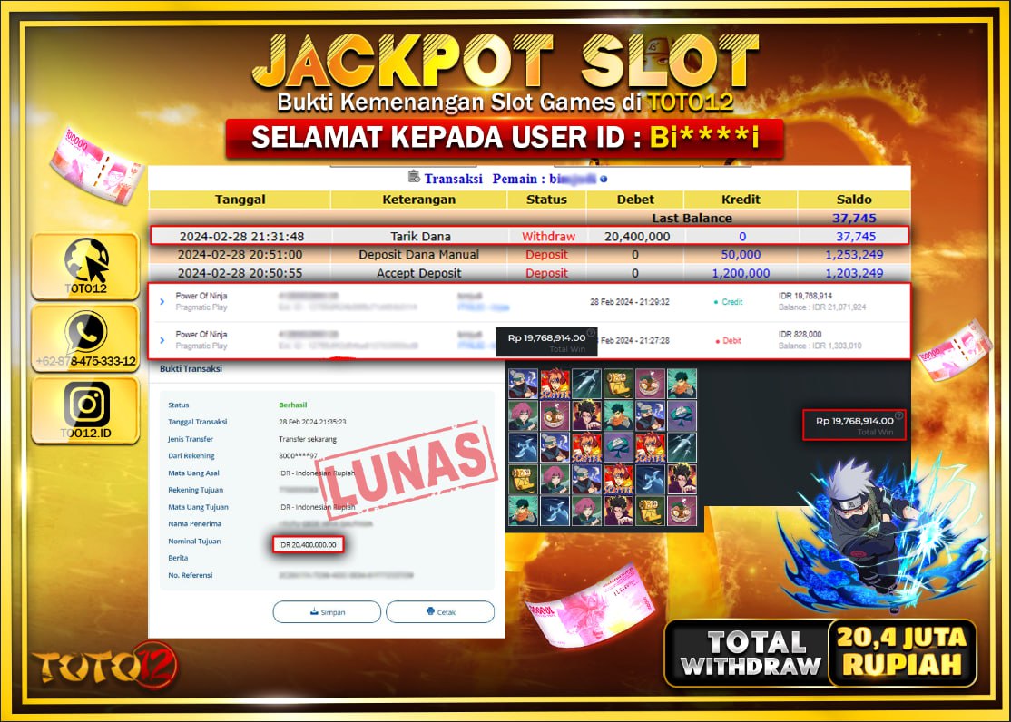 HANYA DI TOTO12 JP PASTI DI BAYAR LUNAS DAN CEPAT!!!!!! JACPOT SLOT GAME ( POWER OF NINJA ) Rp.20.400.000 !!!!!