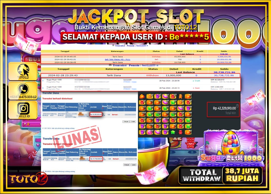 HANYA DI TOTO12 JP PASTI DI BAYAR LUNAS DAN CEPAT!!!!!! JACKPOT SLOT GAME { SUGAR RUSH 1000 } Rp.38.700.000 !!!!!
