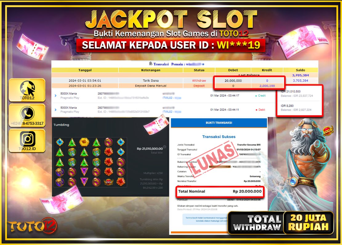 HANYA DI TOTO12 JP PASTI DI BAYAR LUNAS DAN CEPAT!!!!!! JACKPOT SLOT GAME { 5000X MANIA } Rp.20.000.000 !!!!!
