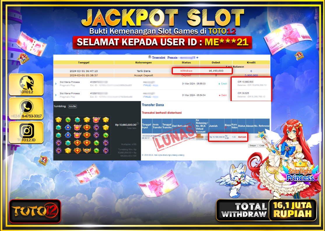 HANYA DI TOTO12 JP PASTI DI BAYAR LUNAS DAN CEPAT!!!!!! JACKPOT SLOT GAME { SLOT MANIA PRINCES } Rp.16.100.000 !!!!!