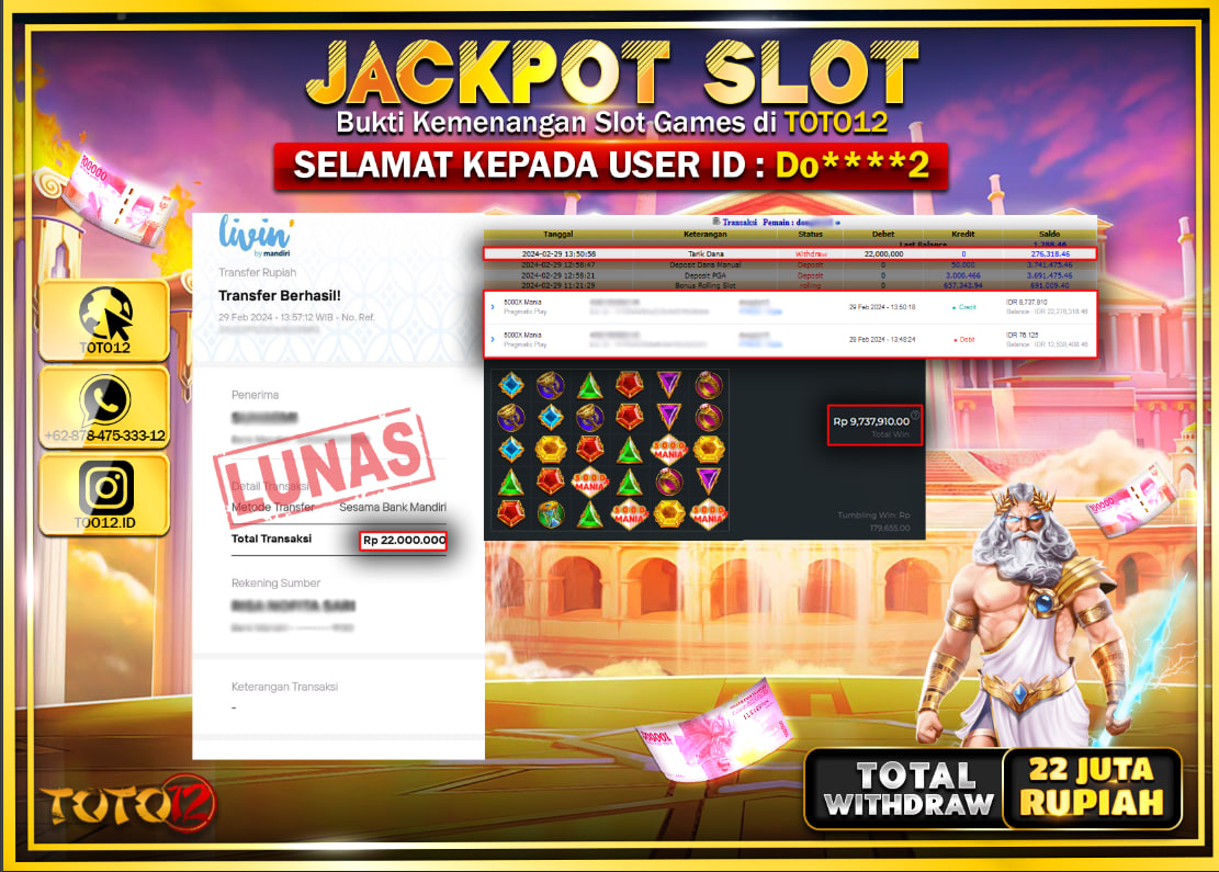 HANYA DI TOTO12 JP PASTI DI BAYAR LUNAS DAN CEPAT!!!!!! JACKPOT SLOT GAME { X5000 MANIA} Rp.22.000.000 !!!!!