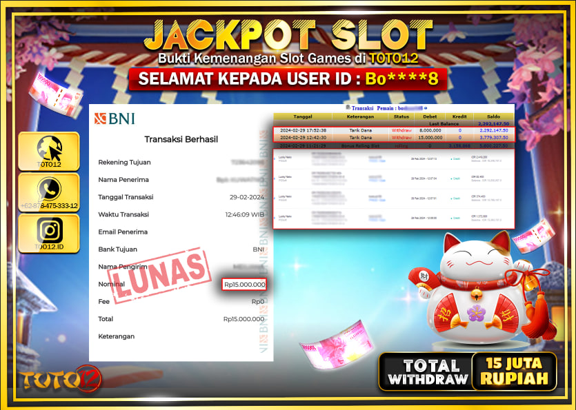 HANYA DI TOTO12 JP PASTI DI BAYAR LUNAS DAN CEPAT!!!!!! JACKPOT SLOT GAME { LUCKY NEKO } Rp.15.000.000 !!!!!