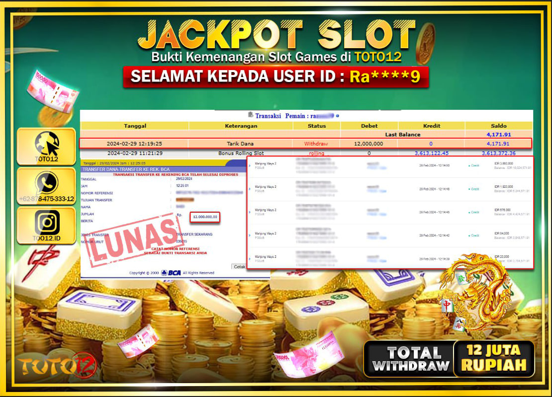 HANYA DI TOTO12 JP PASTI DI BAYAR LUNAS DAN CEPAT!!!!!! JACKPOT SLOT GAME { MAHJONG WAYS 2 } Rp.12.000.000 !!!!!