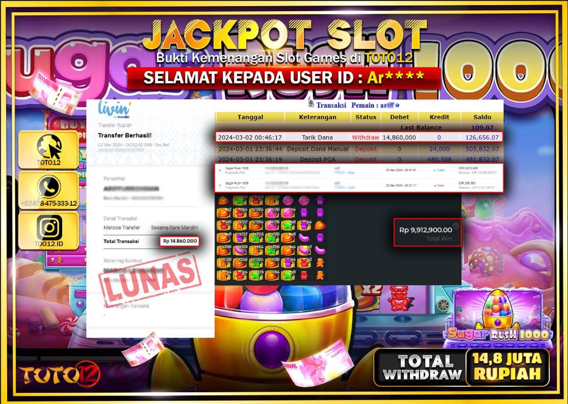 HANYA DI TOTO12 JP PASTI DI BAYAR LUNAS DAN CEPAT!!!!!! JACKPOT SLOT GAME { SUGAR RUSH 1000 } Rp.14.800.000 !!!!!