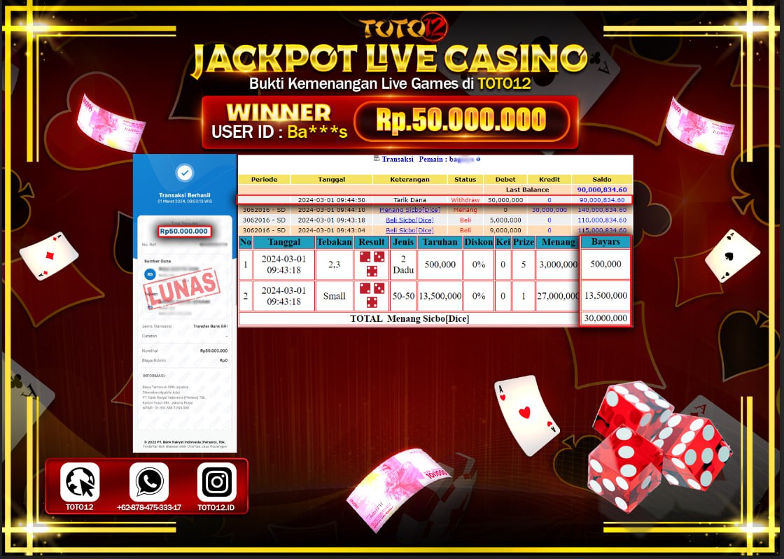 HANYA DI TOTO12 JP PASTI DI BAYAR LUNAS DAN CEPAT!!!!!! JACKPOT LIVE CASINO GAME { SICBO ( DICE ) } Rp.50.000.000 !!!!!