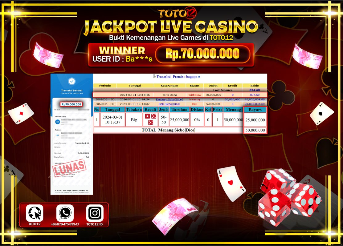 HANYA DI TOTO12 JP PASTI DI BAYAR LUNAS DAN CEPAT!!!!!! JACKPOT LIVE CASINO GAME { SICBO ( DICE ) } Rp.70.000.000 !!!!!