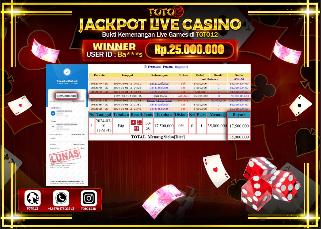 HANYA DI TOTO12 JP PASTI DI BAYAR LUNAS DAN CEPAT!!!!!! JACKPOT LIVE CASINO GAME { SICBO ( DICE ) } Rp.25.000.000 !!!!!