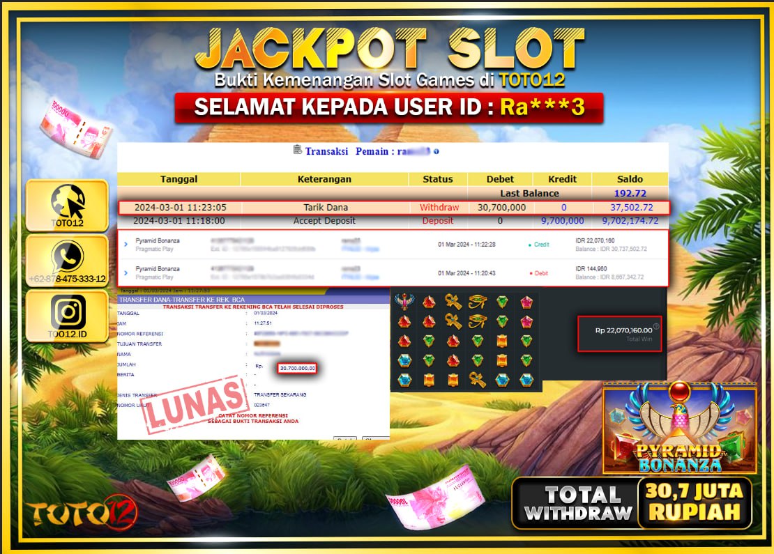 HANYA DI TOTO12 JP PASTI DI BAYAR LUNAS DAN CEPAT!!!!!! JACKPOT SLOT GAME { PYRAMID BONANZA } Rp.30.700.000 !!!!!