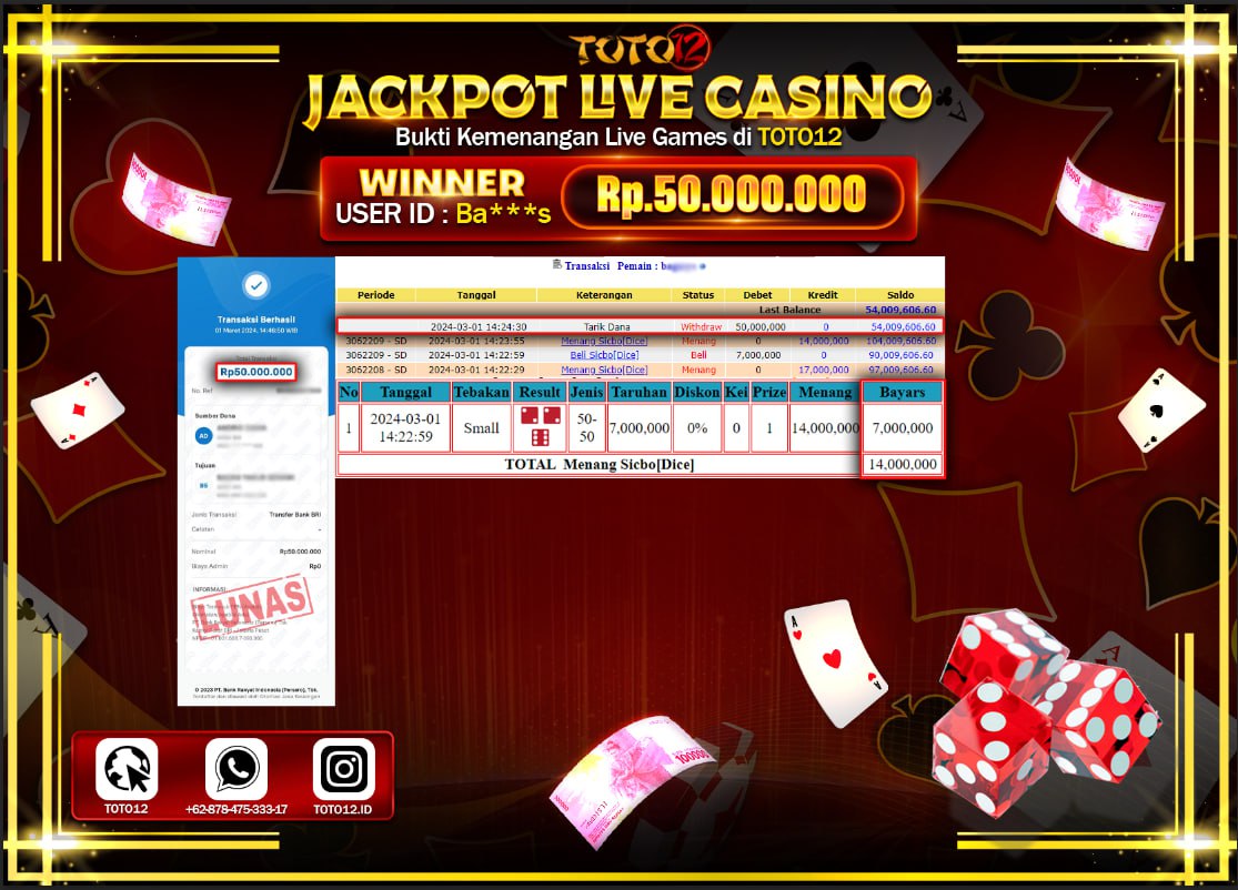 HANYA DI TOTO12 JP PASTI DI BAYAR LUNAS DAN CEPAT!!!!!! JACKPOT LIVE CASINO GAME { SICBO ( DICE ) } Rp.50.000.000 !!!!!