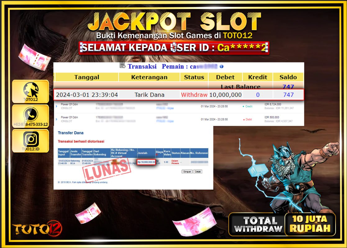 HANYA DI TOTO12 JP PASTI DI BAYAR LUNAS DAN CEPAT!!!!!! JACKPOT SLOT GAME { POWER OF ODIN } Rp.10.000.000 !!!!!