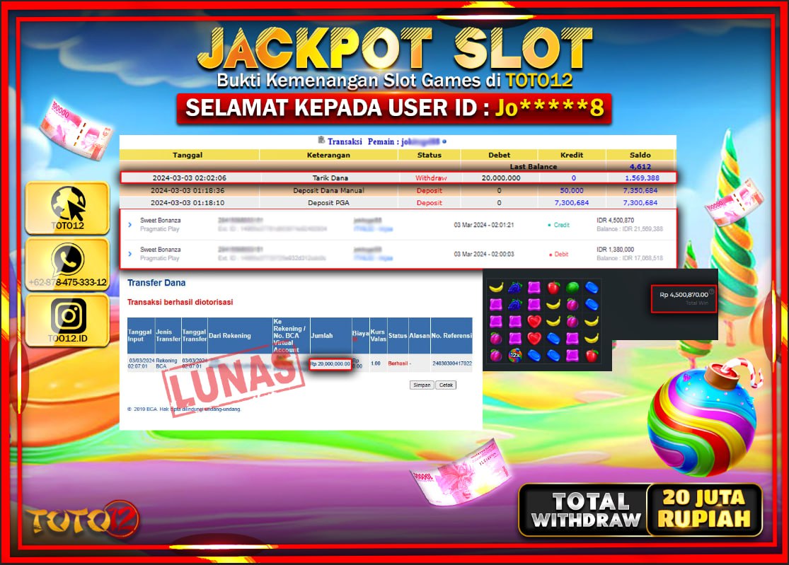HANYA DI TOTO12 JP PASTI DI BAYAR LUNAS DAN CEPAT!!!!!! JACKPOT SLOT GAME { SWEET BONANZA } Rp.20.000.000 !!!!!