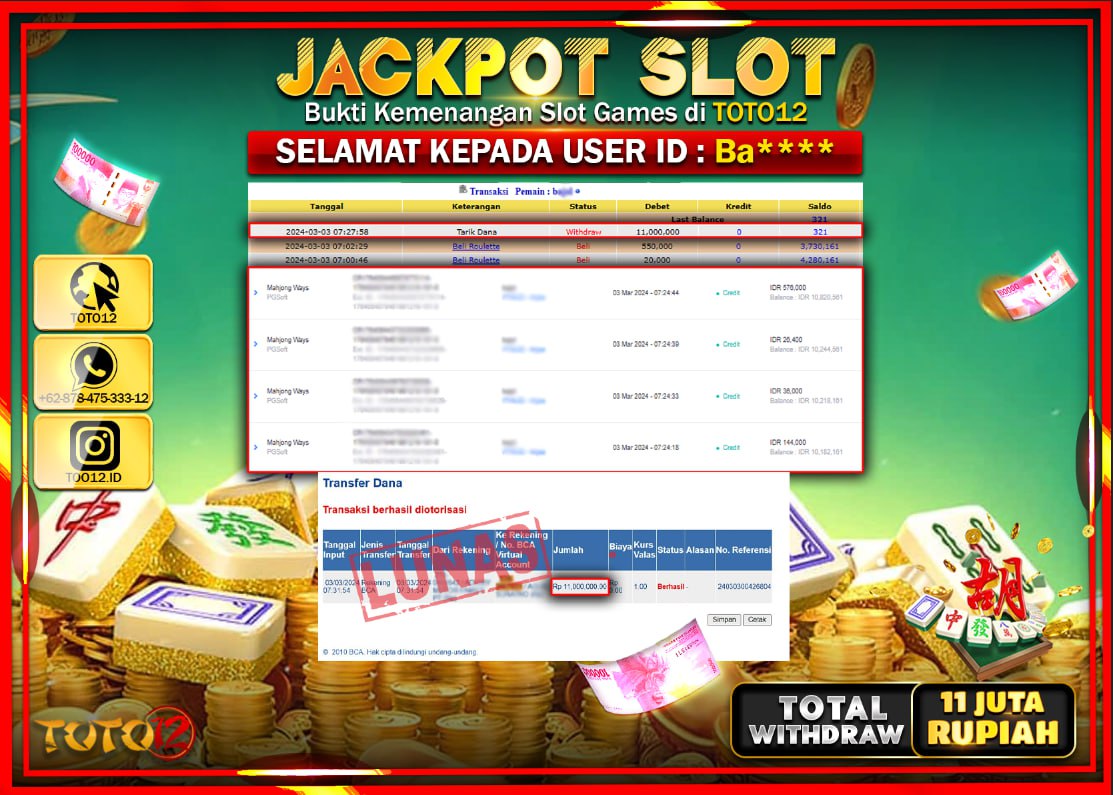 HANYA DI TOTO12 JP PASTI DI BAYAR LUNAS DAN CEPAT!!!!!! JACKPOT SLOT GAME { MAHJONG WAYS } Rp.11.000.000 !!!!!
