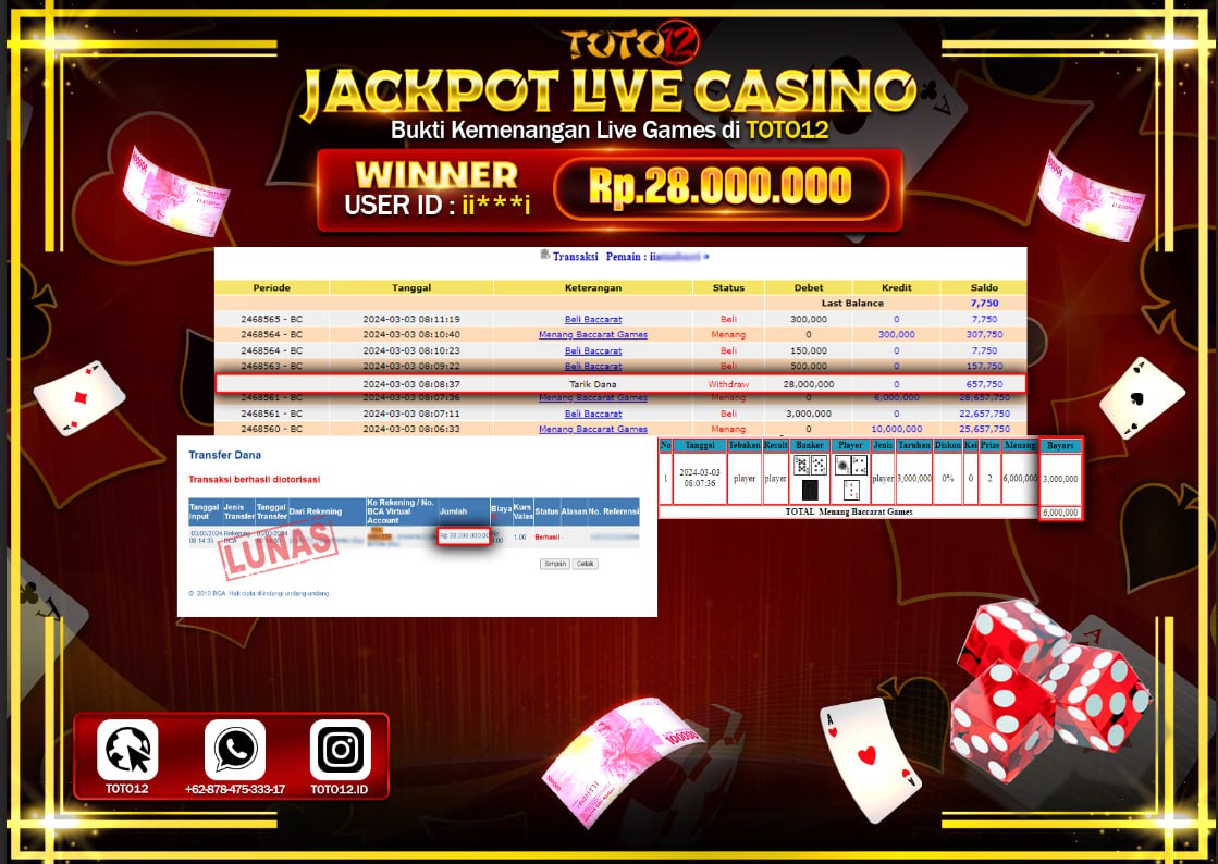 HANYA DI TOTO12 JP PASTI DI BAYAR LUNAS DAN CEPAT!!!!!! JACKPOT LIVE CASINO GAME { BACCARAT } Rp.28.000.000 !!!!!