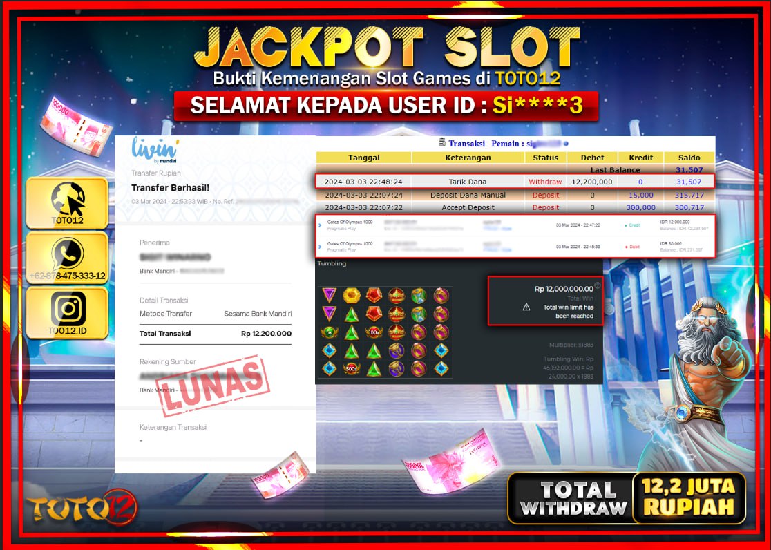 HANYA DI TOTO12 JP PASTI DI BAYAR LUNAS DAN CEPAT!!!!!! JACKPOT SLOT GAME { GATES OF OLYMPUS 1000 } Rp12.200.000 !!!!!
