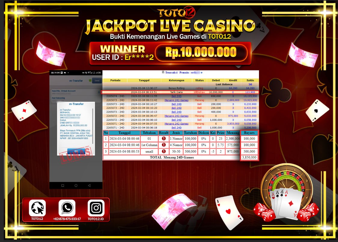 HANYA DI TOTO12 JP PASTI DI BAYAR LUNAS DAN CEPAT!!!!!! JACKPOT LIVE CASINO GAME { 24 D } Rp.10.000.000 !!!!!