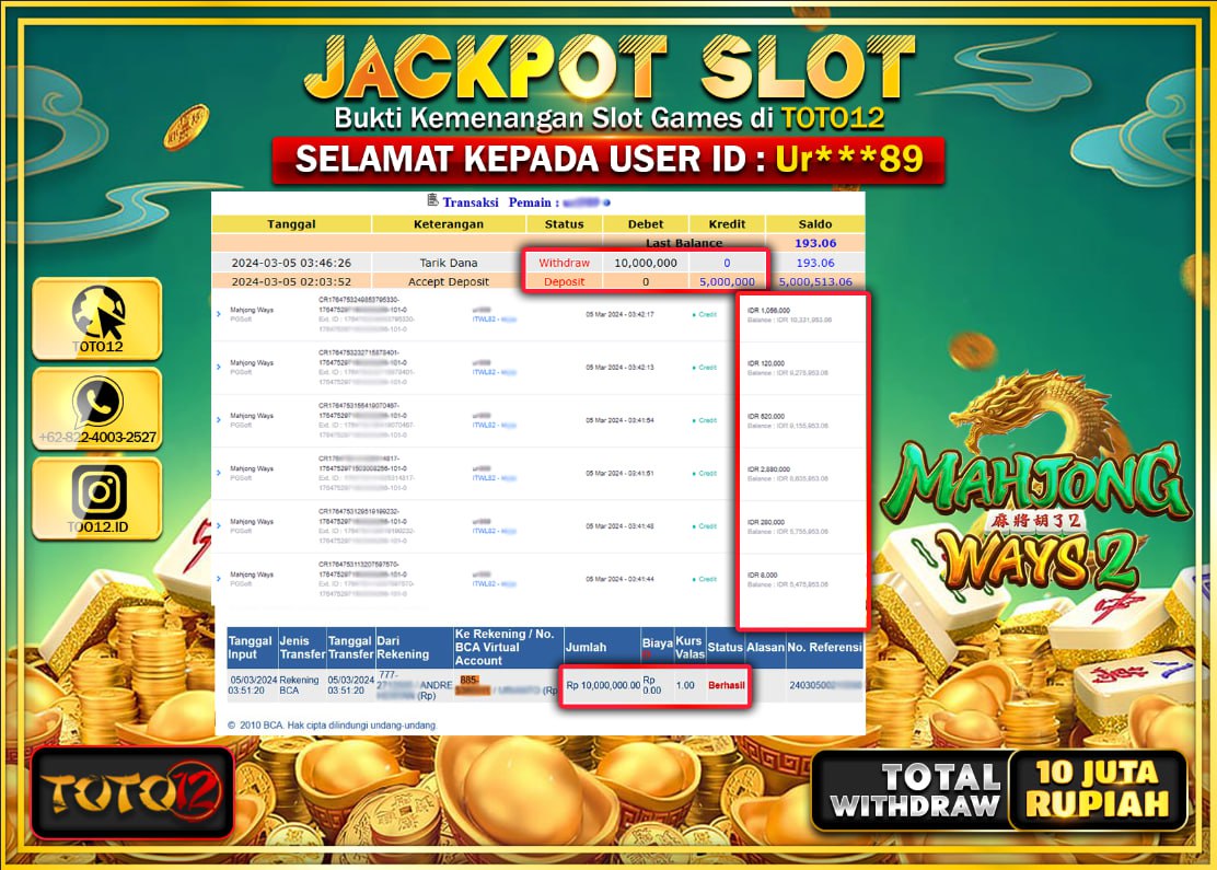 HANYA DI TOTO12 JP PASTI DI BAYAR LUNAS DAN CEPAT!!!!!! JACKPOT SLOT GAME { MAHJONG WAYS 2 } Rp.10.000.000 !!!!!