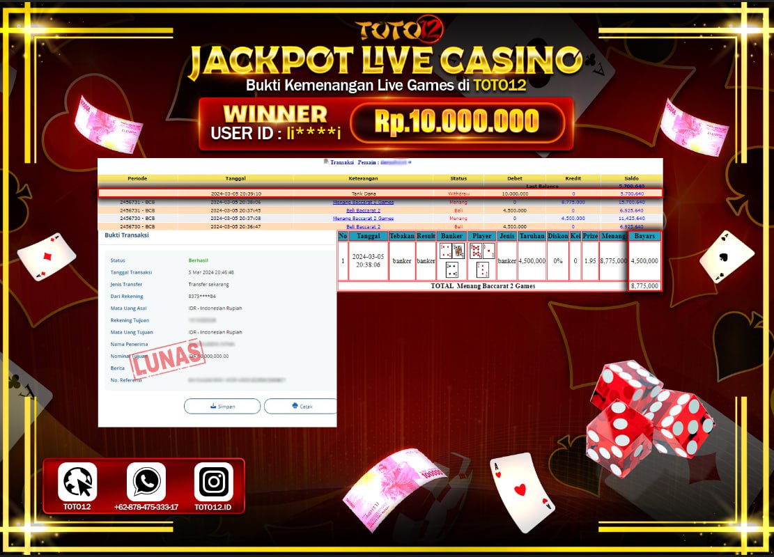 HANYA DI TOTO12 JP PASTI DI BAYAR LUNAS DAN CEPAT!!!!!! JACKPOT LIVE CASINO GAME { BACCARAT 2 } Rp.10.000.000 !!!!!
