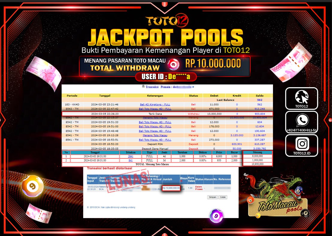HANYA DI TOTO12 JP PASTI DI BAYAR LUNAS DAN CEPAT!!!!!! JACKPOT POOLS MENANG PASARAN { TOTO MACAU } Rp.10.000.000 !!!!!