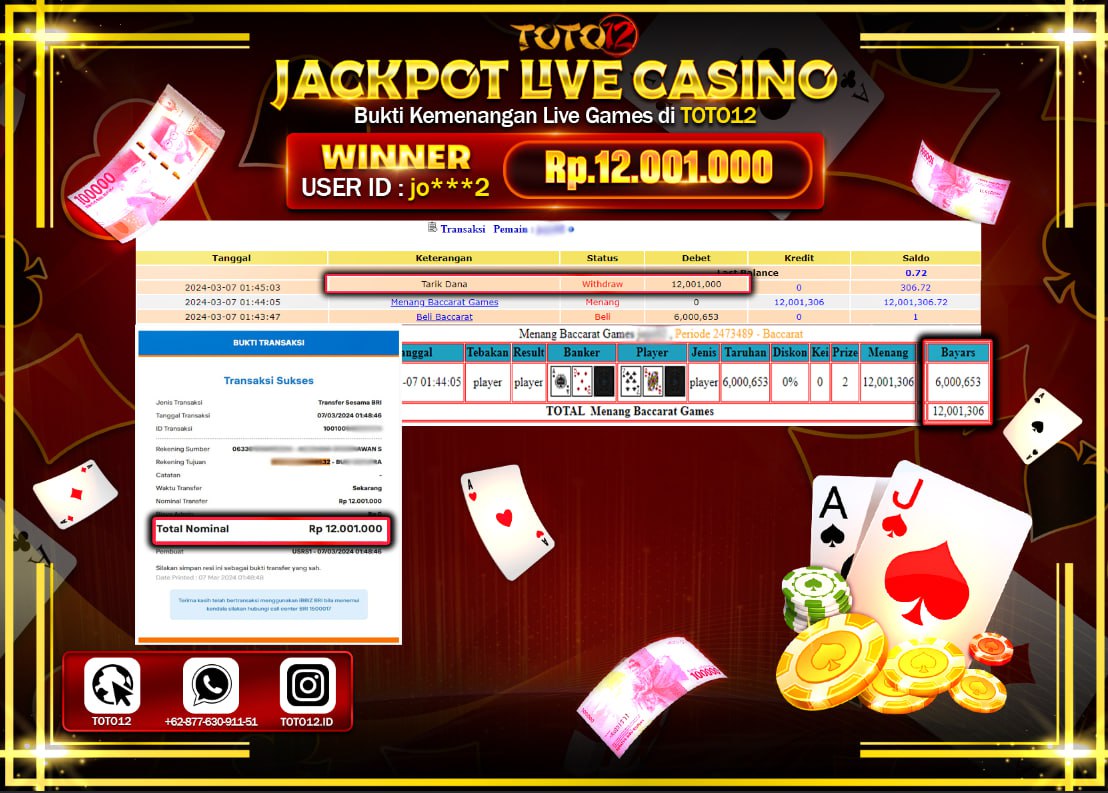 HANYA DI TOTO12 JP PASTI DI BAYAR LUNAS DAN CEPAT!!!!!! JACKPOT LIVE CASINO GAME { BACCARAT } Rp.12.001.000 !!!!!