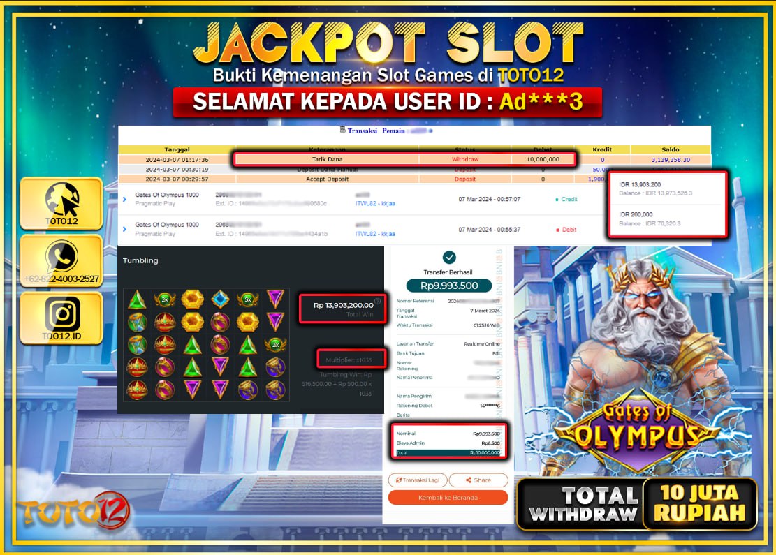 HANYA DI TOTO12 JP PASTI DI BAYAR LUNAS DAN CEPAT!!!!!! JACKPOT SLOT GAME { GATES OF OLYMPUS 1000 } Rp.10.000.000 !!!!!