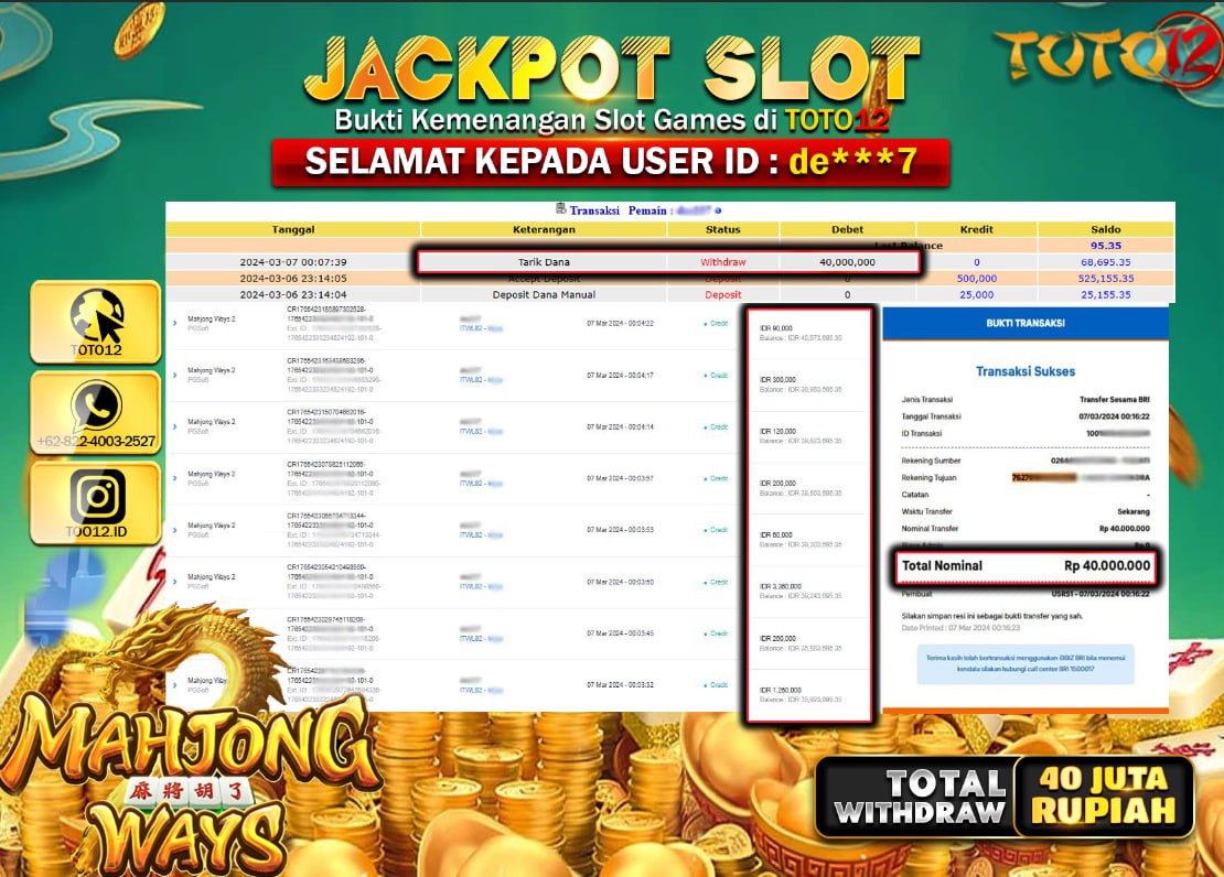 HANYA DI TOTO12 JP PASTI DI BAYAR LUNAS DAN CEPAT!!!!!! JACKPOT SLOT GAME ( MAHJONG WAYS ) Rp.40.000.000 !!!!!