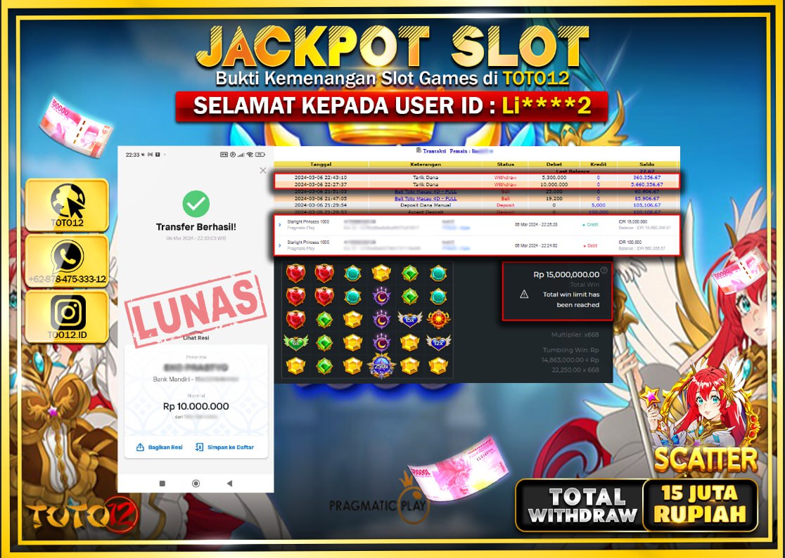 HANYA DI TOTO12 JP PASTI DI BAYAR LUNAS DAN CEPAT!!!!!! JACKPOT SLOT GAME { STARLIGHT PRINCES 1000 } Rp.15.000.000 !!!!!