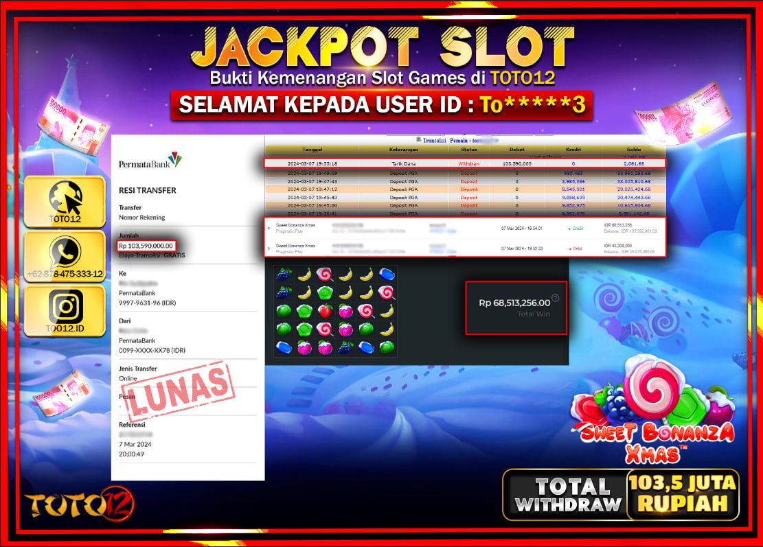 HANYA DI TOTO12 JP PASTI DI BAYAR LUNAS DAN CEPAT!!!!!! JACKPOT SLOT GAME ( SWEET BONANZA XMAS ) Rp.103.500.000 !!!!!