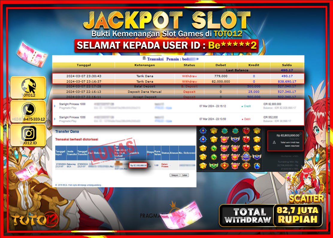 HANYA DI TOTO12 JP PASTI DI BAYAR LUNAS DAN CEPAT!!!!!! JACKPOT SLOT GAME ( STARLIGHT PRINCES 1000 ) Rp.82.000.000 !!!!!