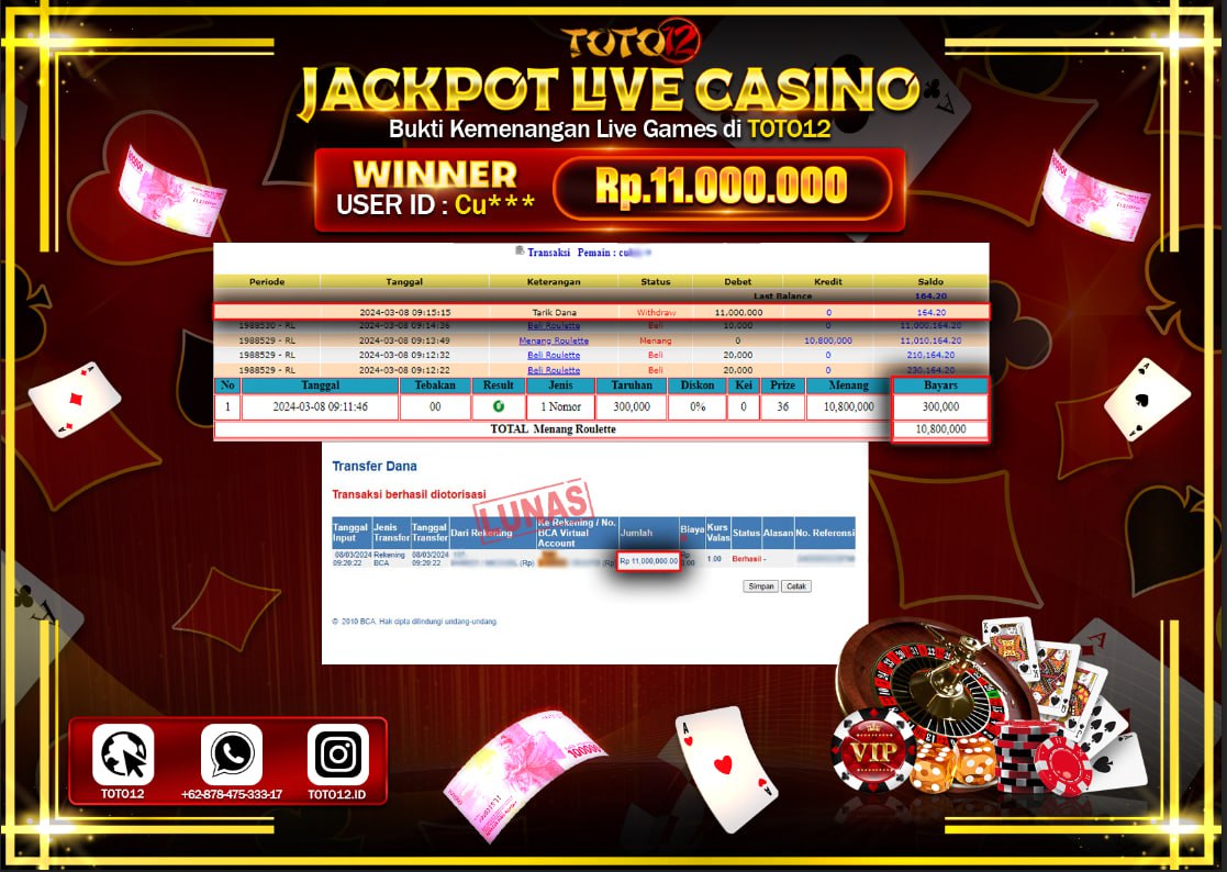 HANYA DI TOTO12 JP PASTI DI BAYAR LUNAS DAN CEPAT!!!!!! JACKPOT LIVE CASINO GAME { ROULETTE } Rp.11.000.000 !!!!!