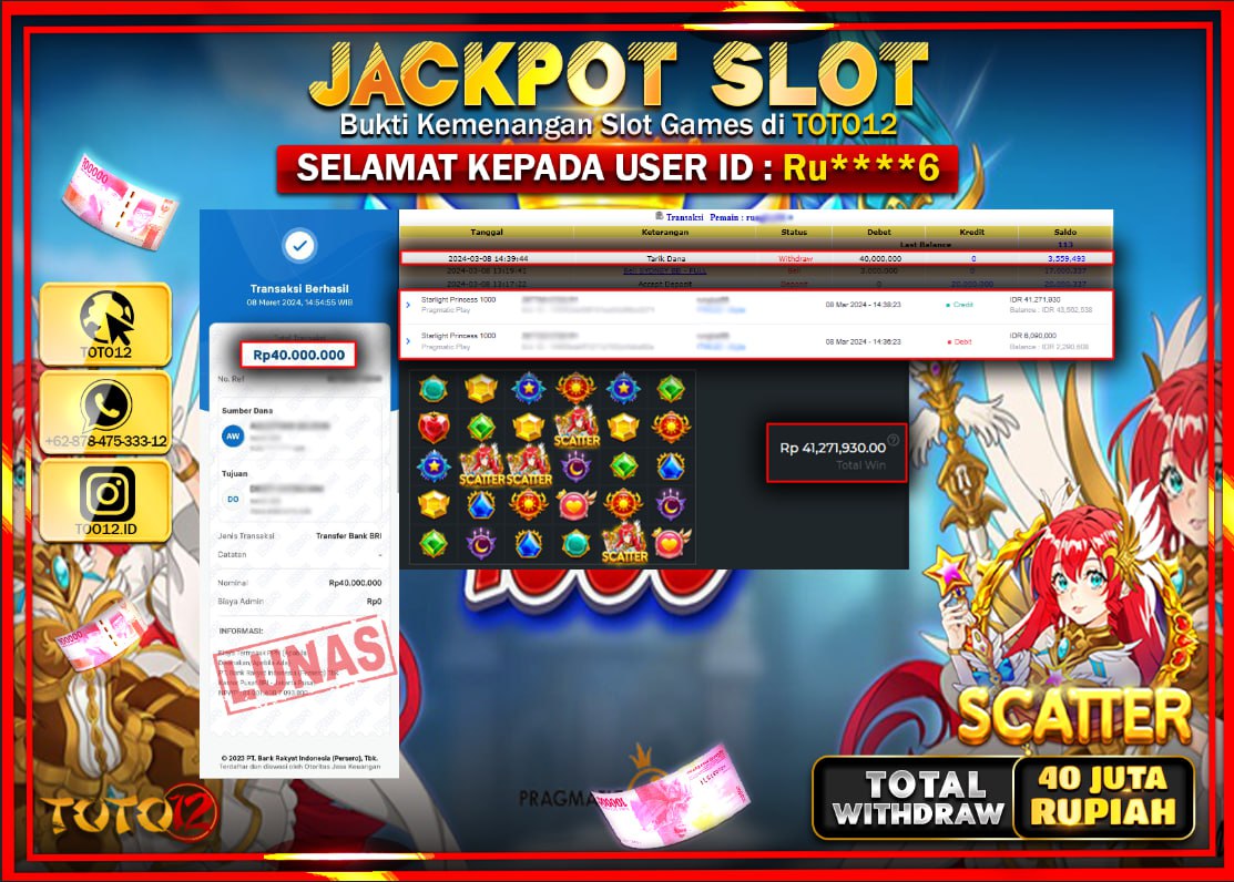 HANYA DI TOTO12 JP PASTI DI BAYAR LUNAS DAN CEPAT!!!!!! JACKPOT SLOT GAME ( STARLIGHT PRINCES 1000 ) Rp.40.000.000 !!!!!