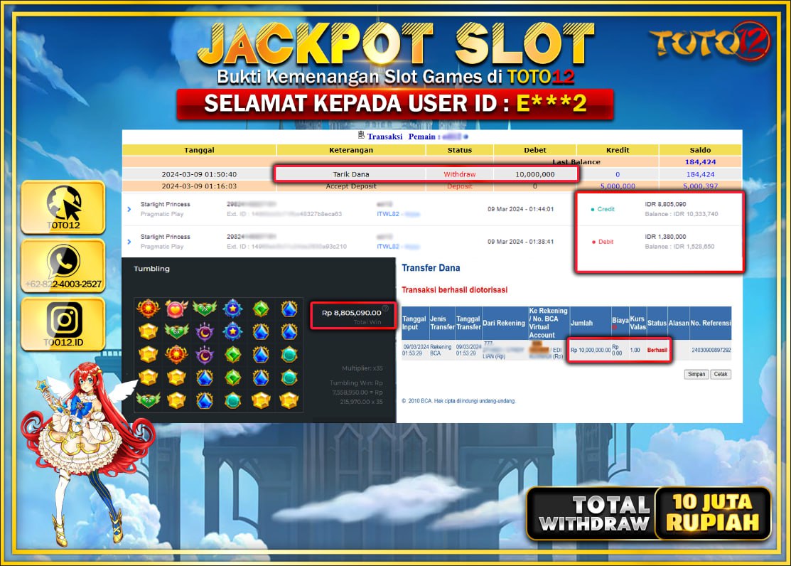 HANYA DI TOTO12 JP PASTI DI BAYAR LUNAS DAN CEPAT!!!!!! JACKPOT SLOT GAME ( STARLIGHT PRINCES ) Rp.10.000.000 !!!!!