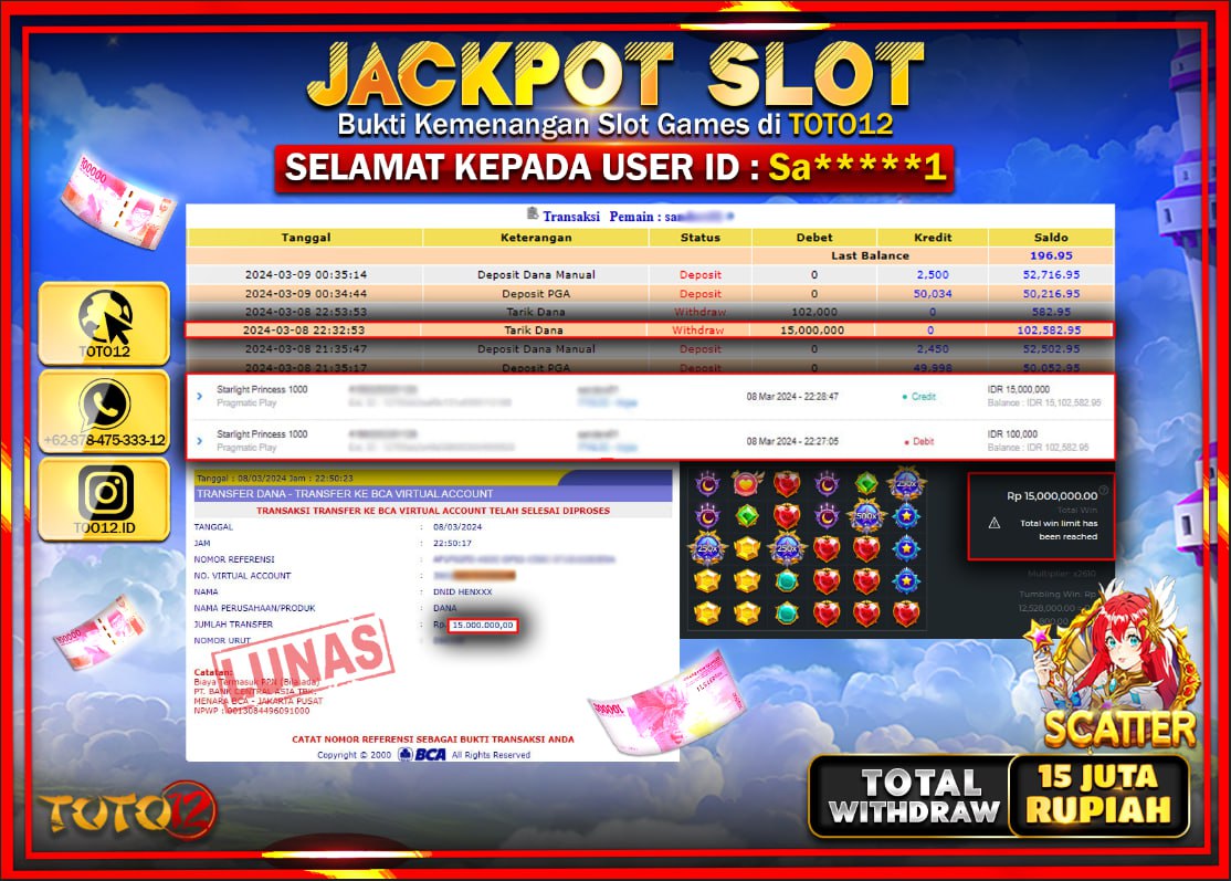 HANYA DI TOTO12 JP PASTI DI BAYAR LUNAS DAN CEPAT!!!!!! JACKPOT SLOT GAME ( STARLIGHT PRINCES 1000 ) Rp.15.000.000 !!!!!