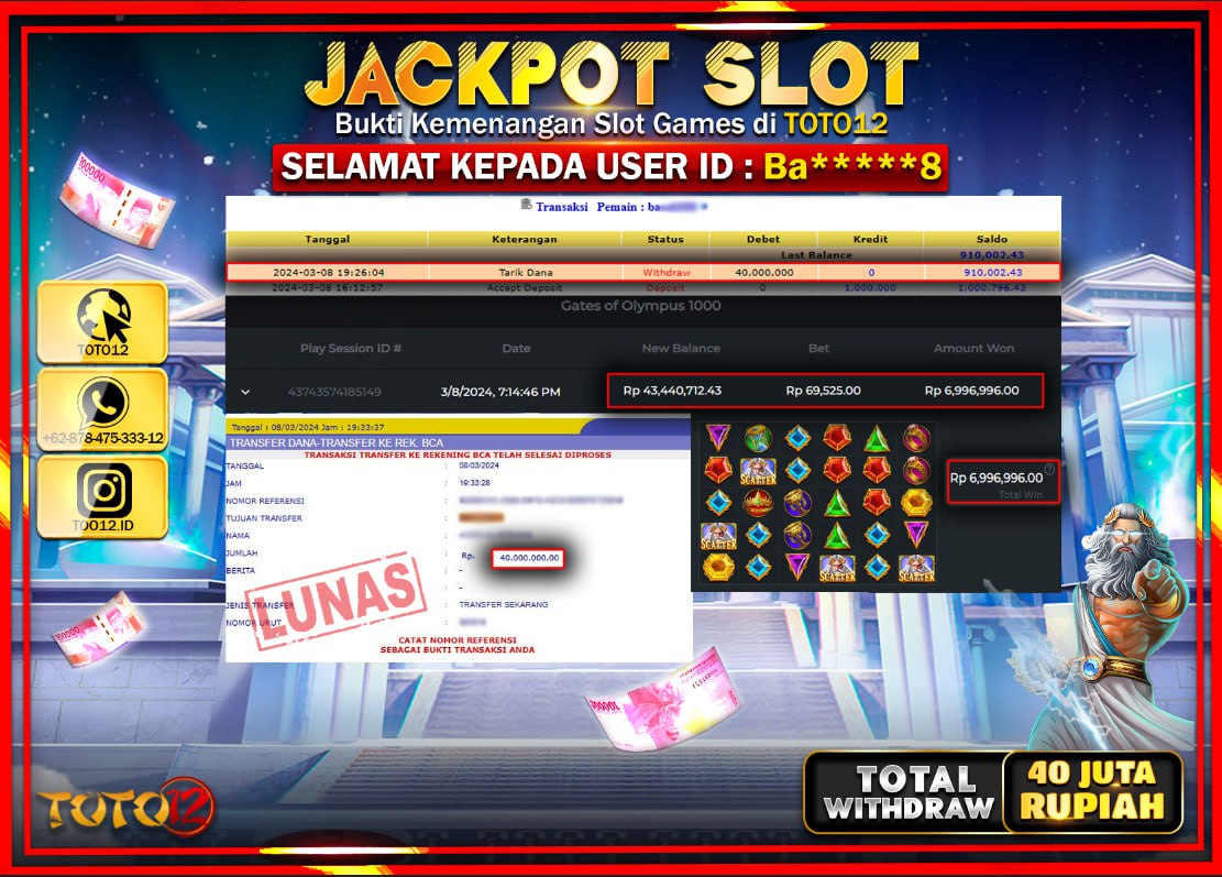 HANYA DI TOTO12 JP PASTI DI BAYAR LUNAS DAN CEPAT!!!!!! JACKPOT SLOT GAME { GATES OF OLYMPUS 1000 } Rp.40.000.000 !!!!!
