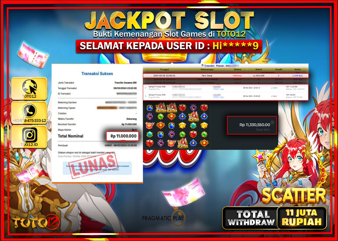 HANYA DI TOTO12 JP PASTI DI BAYAR LUNAS DAN CEPAT!!!!!! JACKPOT SLOT GAME ( STARLIGHT PRINCES 1000 ) Rp.11.000.000 !!!!!