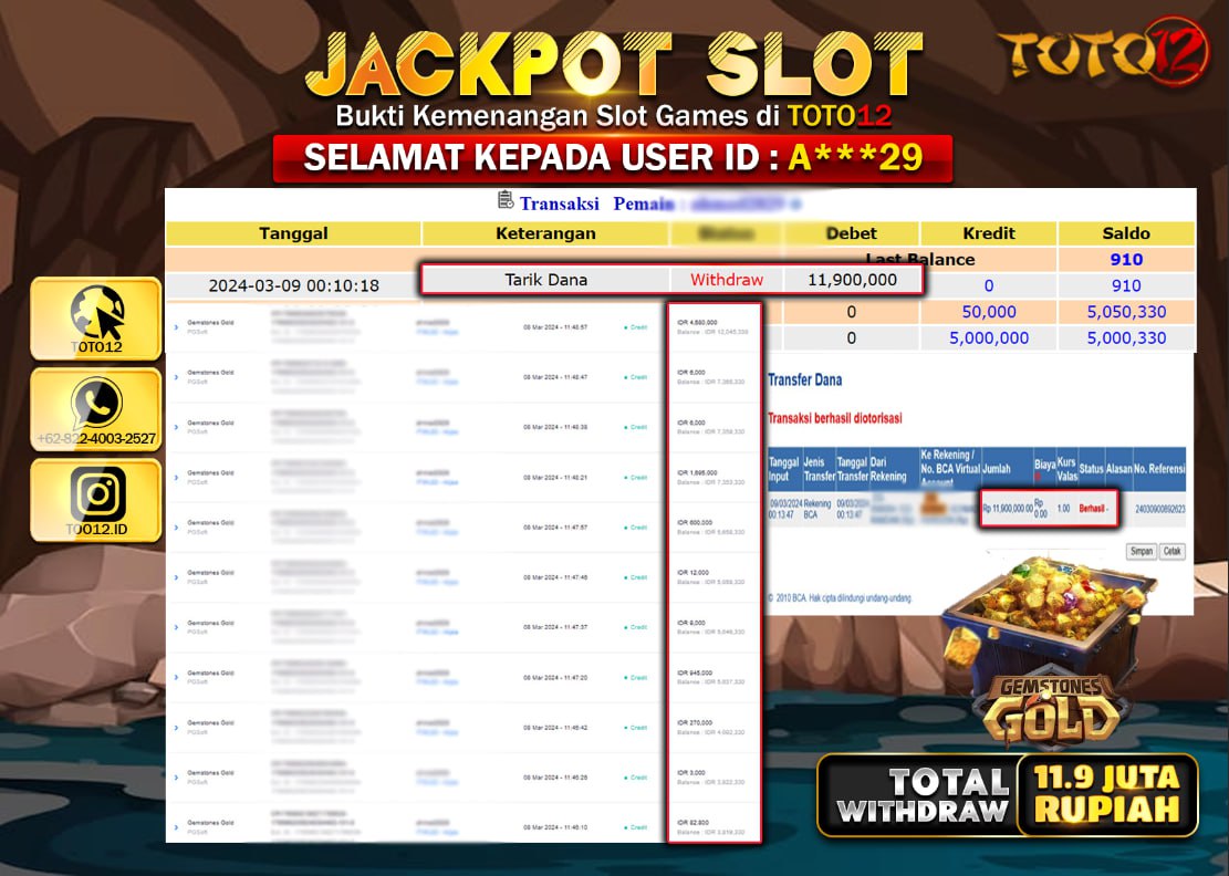 HANYA DI TOTO12 JP PASTI DI BAYAR LUNAS DAN CEPAT!!!!!! JACKPOT SLOT GAME ( GEMSTONES GOLD ) Rp.11.900.000 !!!!!