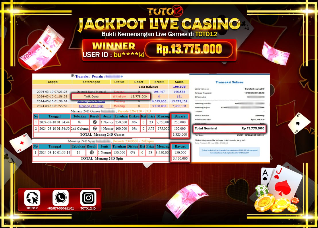 HANYA DI TOTO12 JP PASTI DI BAYAR LUNAS DAN CEPAT!!!!!! JACKPOT LIVE CASINO GAME { 24 D GAMES } Rp.13.775.000 !!!!!